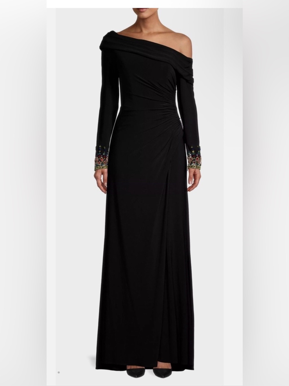 MAC DUGGAL 12231 Black One Shoulder Long Sleeve Jersey Gown Embellished Sz 14